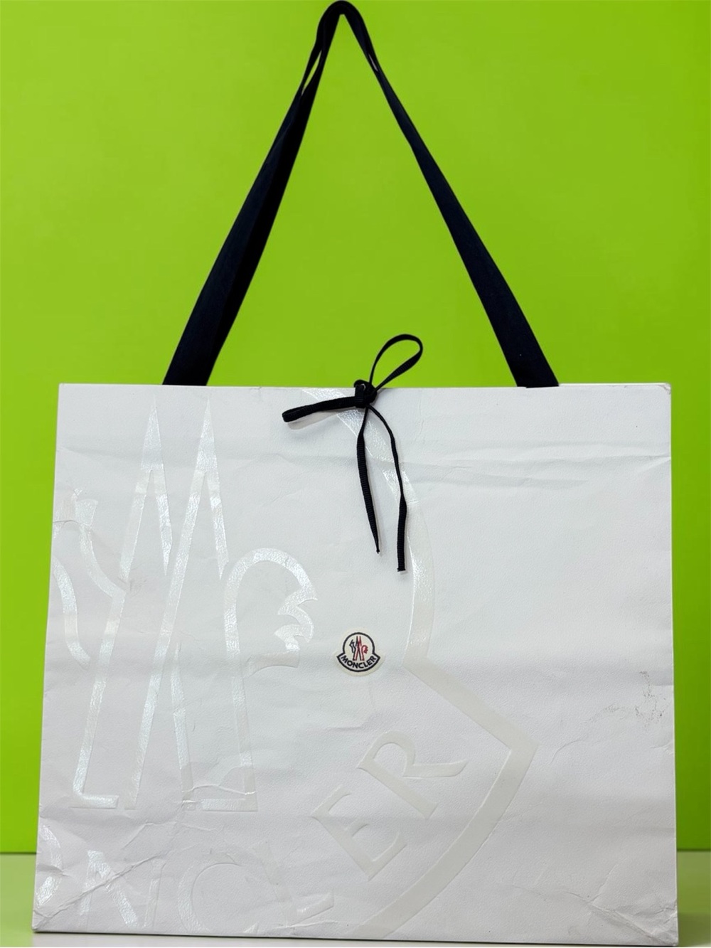 Moncler White Tote Bag with Black Ribbon Handles 19”x 16.5” x 6.75”